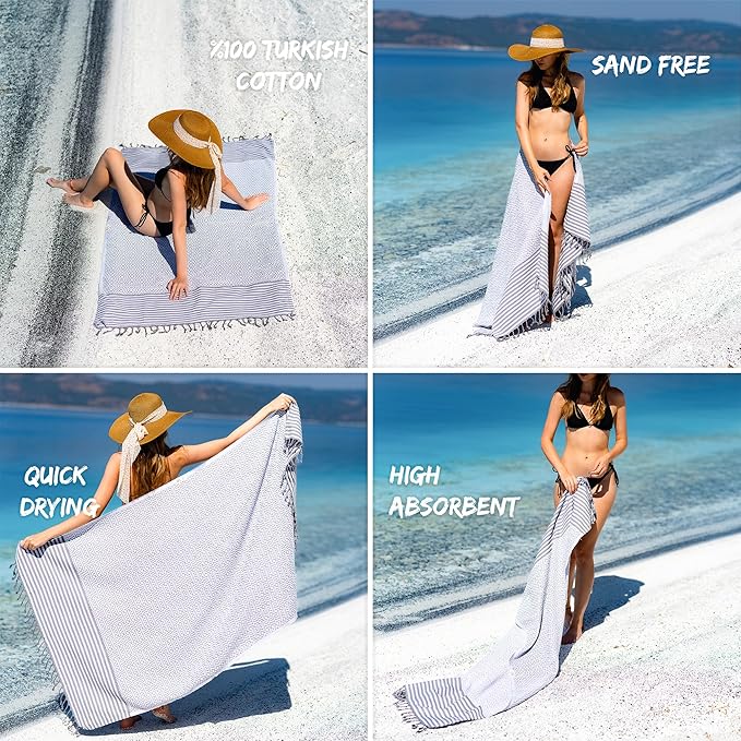 RAY SILVER Turkish Beach Towel – 100% Turkish Cotton 40"x71" Quick Dry Oversized Beach Towel Sand Free Lightweight Turkish Towel for Travel Camping Bath Sauna Beach Pool Gym Yoga