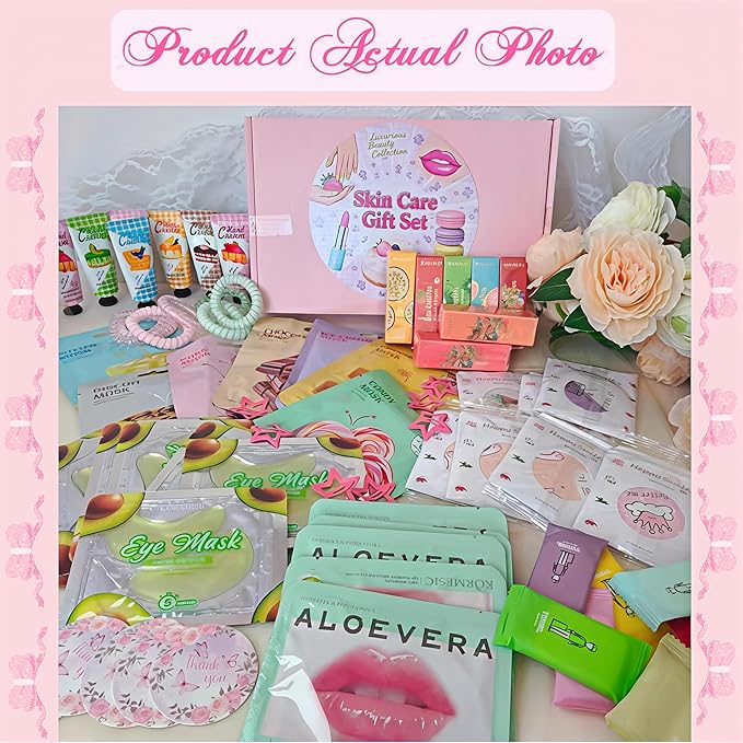 77PCS Spa Party Supplies for Girls, Spa Party Favors Include Facial Masks,Under Eye Patches, Lip Balm, Hair Rings, Makeup Mirrors, Hand Cream, Compressed Towel, for Teen Girls, Sleepover Party gifts