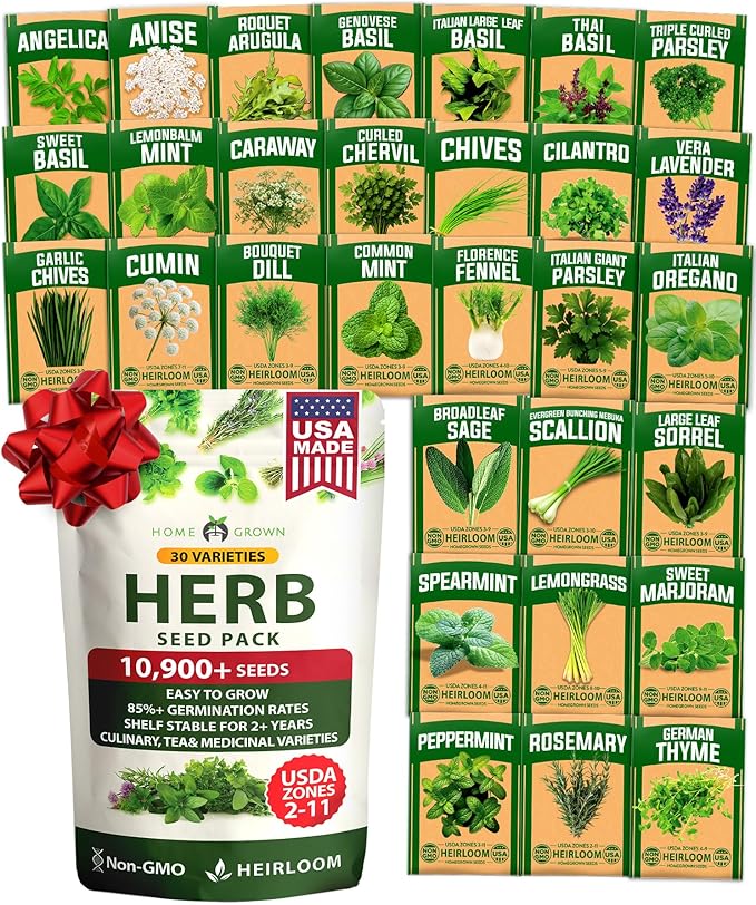 HOME GROWN 30 Herb Seeds for Planting 10,900+ Non-GMO Heirloom Seeds | Extra Large Variety Pack Herb Kit – Indoor Outdoor & Hydroponic | Culinary Seed Set | Grow Your Own Herbs | Gardening Gift