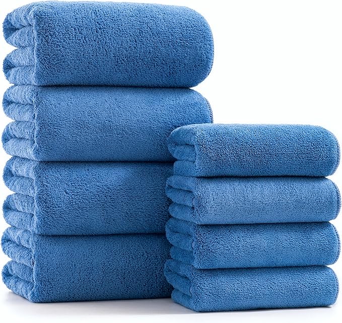 sakano Microfiber Bath Towel Set Ultra Soft Absorbent Speedy Drying Fade Resistant, 4 Bath Towels and 4 Hand Towels, Perfect for Family Bathroom, Gym, and Spa Use - Blue