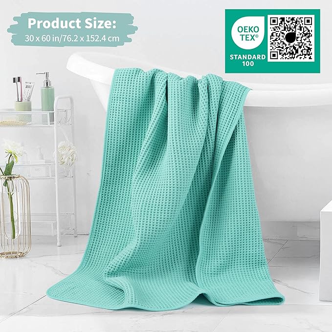 MICROFI New Microfiber Waffle Bath Towels, 2 Pieces, Oversized, Soft, Absorbent, Fast Drying, Lint Free 430 GSM (Turquoise)