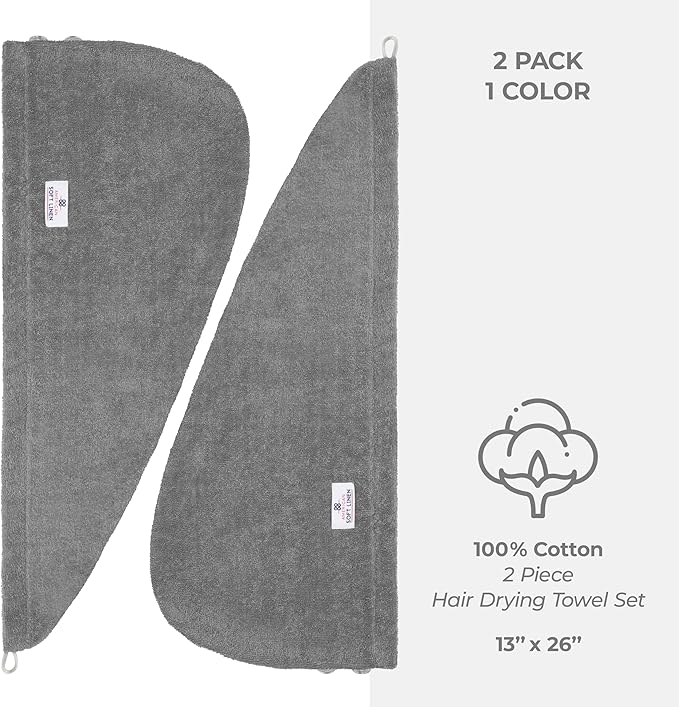 American Soft Linen 100% Cotton Hair Towels for Women, Head Towel Cap, Cotton Hair Turban Towel Wrap for Long Curly Anti Frizz Hair, Soft and Absorbent Cotton Hair Towels 2 Pack, Dark Gray