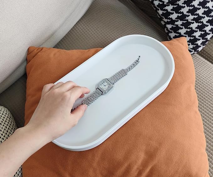White Small Tray (11.8 inch), Oval Tray for Kitchen Counter, Bathtub Bathroom Vanity Items, Countertop Organizer, Coffee Accessory, Bar, Serving Seasoning, Salt and Pepper, Soap, Perfume.