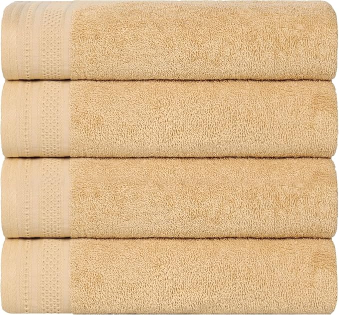 Superior Honeycomb Cotton Medium Weight Towels, for Guest Bath, Master Bathroom, Shower, Quick Dry, Adults, Home Essentials, Textured Waffle Border, Towel Set, Bath Towels, Set of 4, Gold