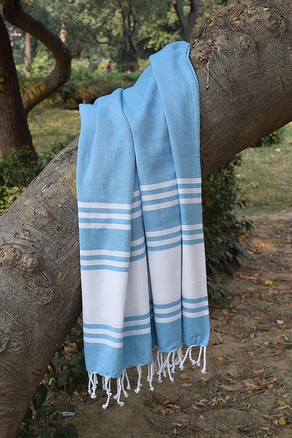 Goroly Home Cotton Turkish Peshtemal Beach Towel, Extra Large, Thin Quick Dry Sand Free Pool & Swim Towel, Bathing Blanket, Travel Essentials, (Turquoise Blue, 36x71 Inches)