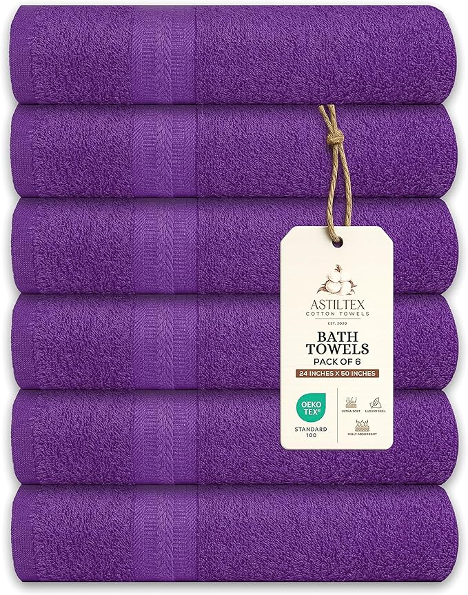 Large Bath Towels Pack of 6 – 24" x 50", 100% Cotton Terry – Soft, Quick-Dry & Highly Absorbent – Purple Towels for Bathroom, Spa, Shower, Pool & Daily Use