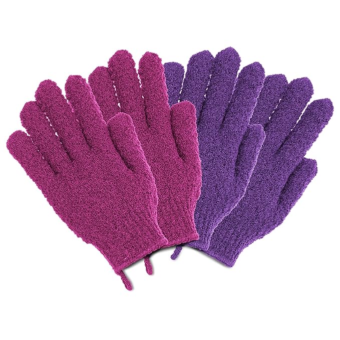 4 Pairs Exfoliating Gloves, 100% Nylon, Dual Texture Body Scrub for Spa, Massage & Dead Skin Removal, Multi-Color Shower Bath Accessories (Amethyst/Peony)