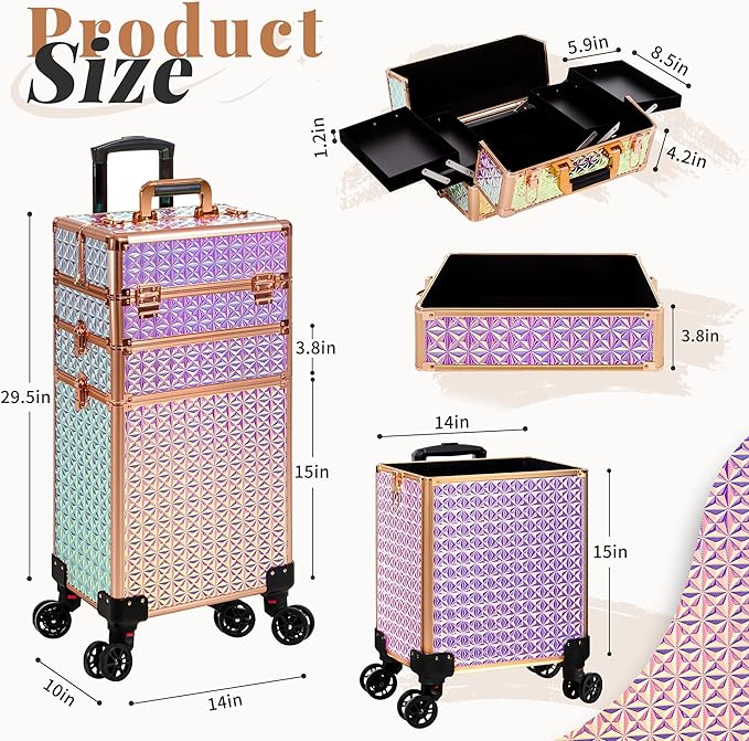 3 in 1 Rolling Makeup Train Case Professional Large Cosmetic Trolley Cosmetology Case on Wheels Traveling Cart Trunk for Hairstylist Artist Nail Beauty Salon Barber, Colorful