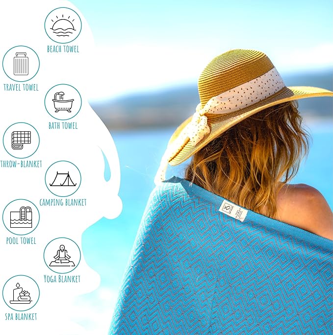 RAY SILVER Turkish Beach Towel – 100% Turkish Cotton 40"x71" Quick Dry Oversized Beach Towel Sand Free Lightweight Turkish Towel for Travel Camping Bath Sauna Beach Pool Gym Yoga