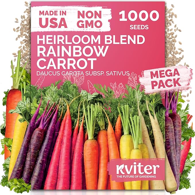 KVITER 1,000 Rainbow Carrot Seeds (Daucus Carota) - Baby Carrots Mix, Sweet & Tender Taste - Heirloom & Organic Carrots Seeds for Planting in Vegetable Garden, Raised Beds & Containers