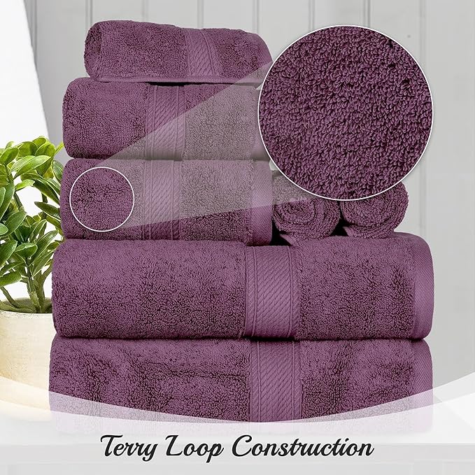 Superior Egyptian Cotton Pile 9 Piece Towel Set, Includes 3 Bath, 3 Hand, 3 Face Towels/Washcloths, Ultra Soft Luxury Towels, Thick Plush Essentials, Guest Bath, Spa, Hotel Bathroom, Plum