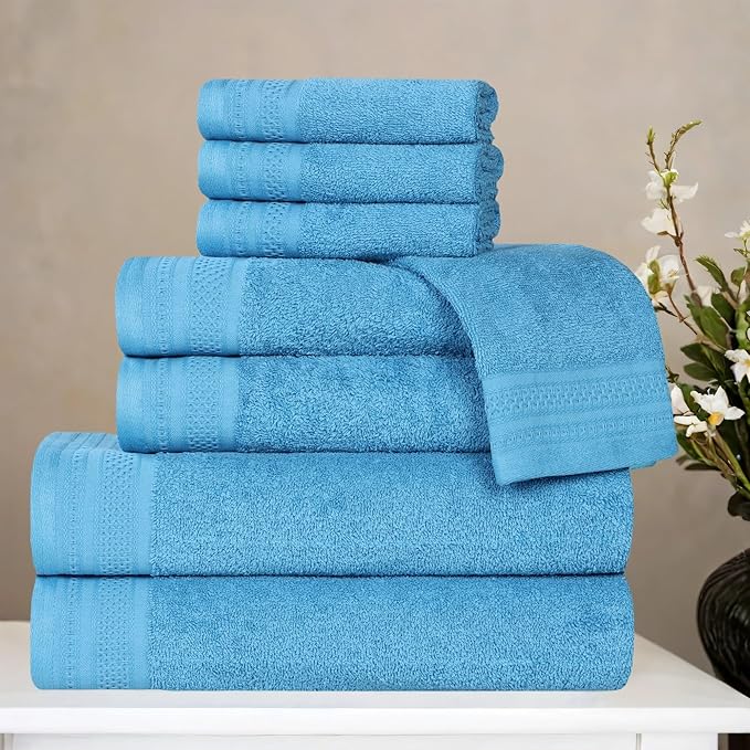 Superior Honeycomb Cotton Medium Weight Towels, for Guest Bath, Master Bathroom, Shower, Quick Dry, Adults, Home Essentials, Textured Waffle Border, Assorted Towel Set, 8 Piece Towel Set, Azure