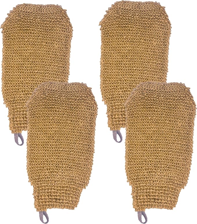 (4 Pack) Natural Exfoliating Hemp Bath Mitt Shower Gloves Loofah Washcloth Sponge Machine Washable Body Scrubber (ROUGHER Hemp)