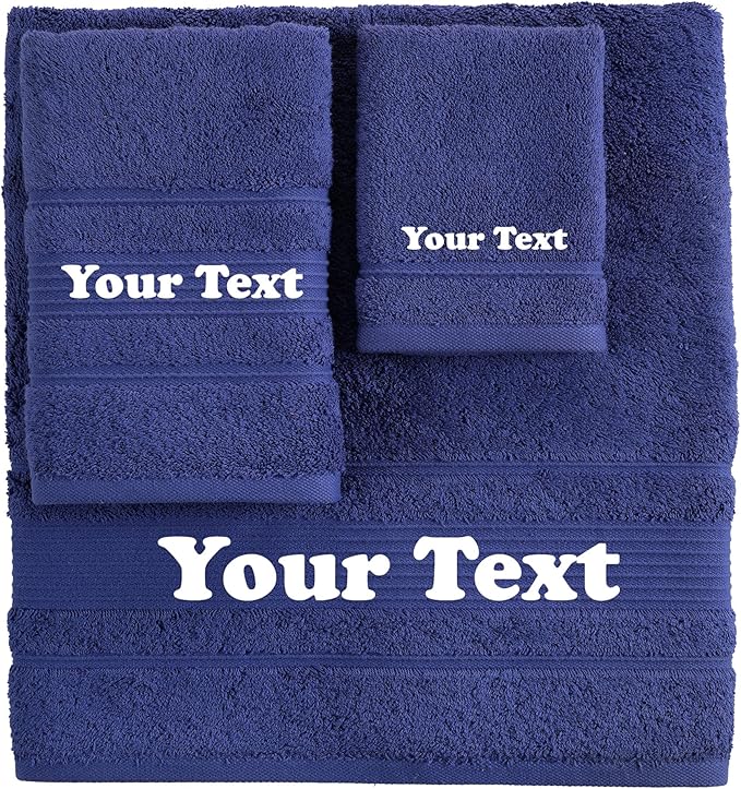 Personalize Your Towels with Custom Embroidery: Names, Monograms, and Initials. Perfect For Kids, Adults, Pool, Travel, Gifts 3-Piece Towel Set 1 Bath Towel, 1 Hand Towel, and 1 Wash Cloth - Navy Blue