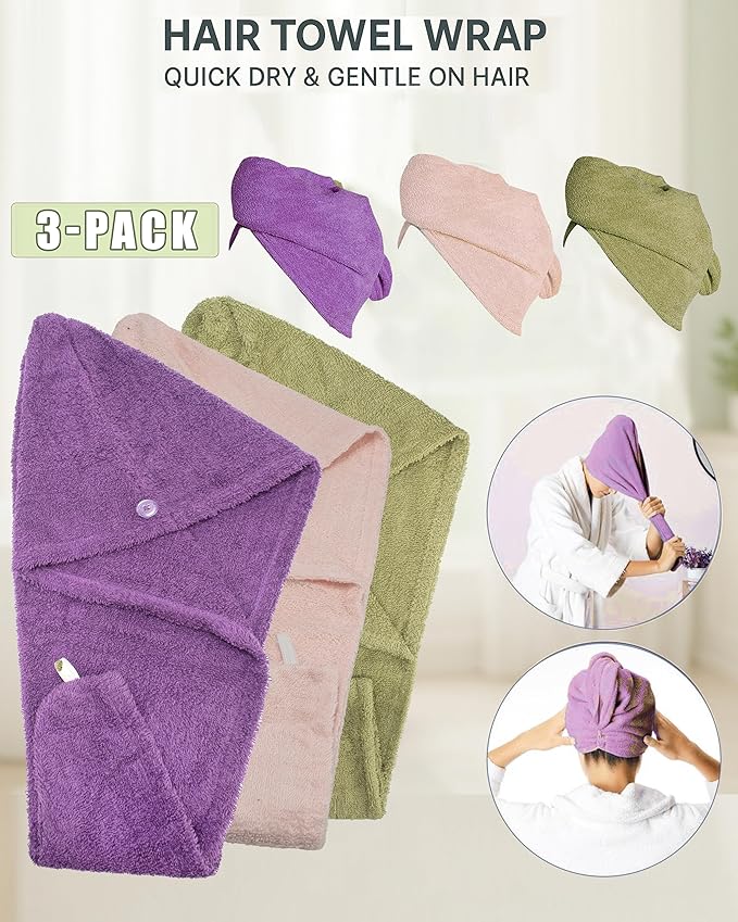 Textila 100% Cotton Hair Wrap Towels for Women (Pack of 3, Plum, Pink & Green) – Soft & Absorbent Turban Towels for Long, Curly, Frizz-Prone Hair