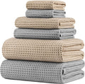 POLYTE 430 GSM Microfiber Quick Dry Lint Free Oversize Bath Towel Set, 6 Piece (Waffle Weave)