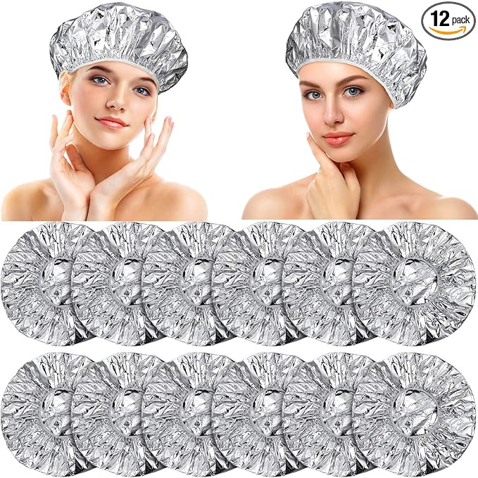 12 Pieces Deep Conditioning Caps Aluminum Foil Reusable Hair Processing Hair Coloring Shower Caps for Home Salon Use(12 Inch,Silvery)