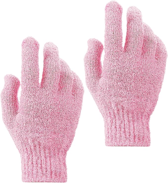 Sibba 2Pcs Exfoliating Wash Gloves Dual Texture Bath Gloves for Shower Body Scrub Exfoliating Mitt Dead Skin Remover Exfoliator Mitten Natural Body Loofah Washcloth (2pcs Pink)