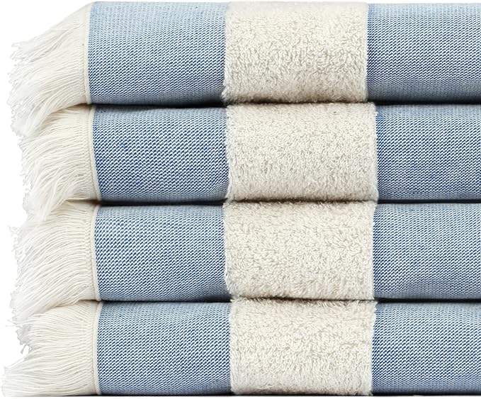 Lightweight Turkish Beach Towel - 100% BCI Cotton, Unbleached Raw Fringe, Oeko-TEX Certified, Absorbent, Eco-Friendly, 36x66”, Sky Blue & Natural Stripes, Portable Sarong Blanket for Pool, Travel