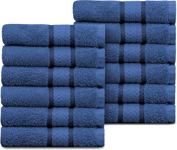 COTTON CRAFT Ultra Soft Washcloths - 12 Pack Luxury Washcloths - 100% Cotton Plush Absorbent 580 GSM Face Towels - Machine Washable Quick Dry Durable Wash Cloth Set - Bathroom Spa Gym Skincare - Blue