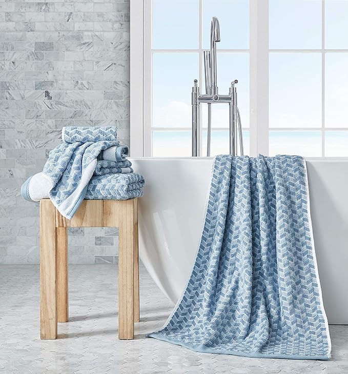Nautica - Bath Towel Set, Cotton Bath, Hand & Washcloths, Plush, Absorbent & Quick-Dry, Chevron Print, Americana Decor, Set of 6, Zane Blue
