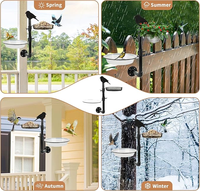 Wall-Mounted Bird Feeder with Metal Seed Tray and 2 Bath Bowls - Great for Porch or Fence, Attracts Wild Birds