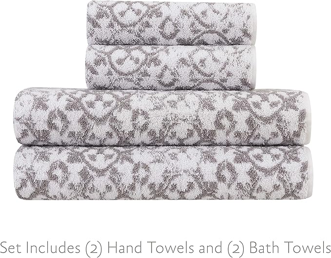 Jessica Simpson – Bath Towel 4 Piece Set, Aziza, Premium Bathroom Décor, Includes 2 Hand Towels and 2 Shower Towels, 100% Cotton & Machine Washable, Skyrocket Grey