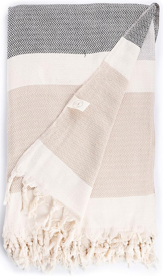 Bersuse 100% Cotton Aspendos XL Throw Blanket for Couch - 100% Cotton Lightweight Durable Throw Blanket, Big Blanket for Sensitive Skin, Decorative and Versatile - 60x90 Inches, Black-Grey-Beige