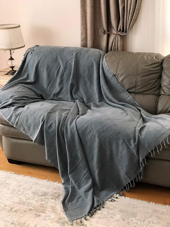 Bersuse 100% Cotton Troy XL Throw Blanket for Couch - 100% Cotton Lightweight Durable Throw Blanket, Big Blanket for Sensitive Skin, Decorative and Versatile - 59x81 Inches, Grey
