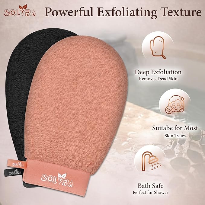 Exfoliating Gloves –100% Vegan Viscose Kessa Mitt for Dead Skin Removal, Self-Tan Fade, and Keratosis Pilaris – Dual-Texture Glove for Spa & Massage (2 Pack,Black/Orange)