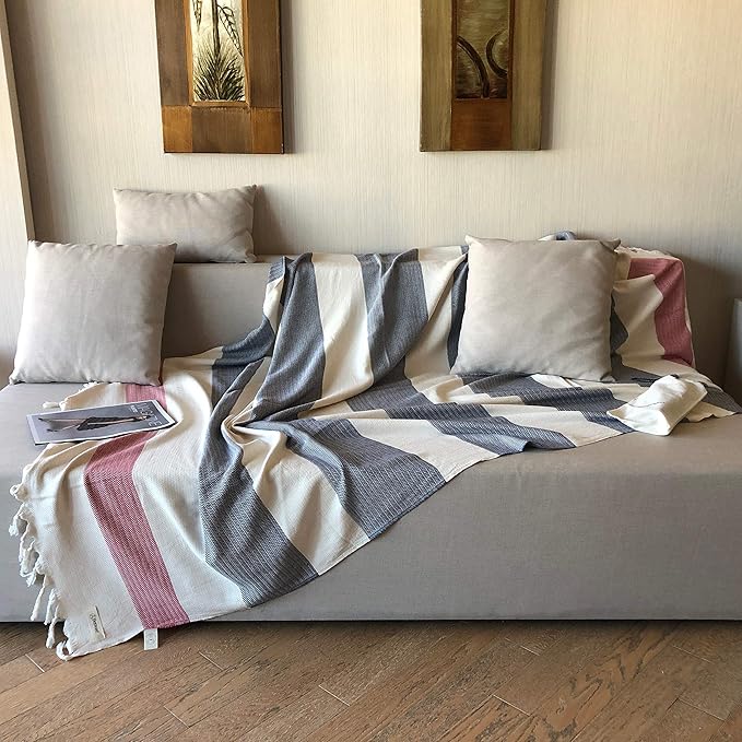 Bersuse 100% Cotton Aspendos XL Throw Blanket for Couch - 100% Cotton Lightweight Durable Throw Blanket, Big Blanket for Sensitive Skin, Decorative and Versatile - 60x90 Inches, Dark Blue-Red