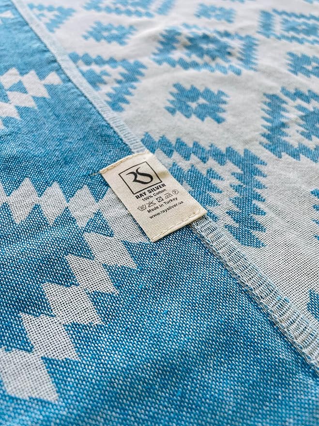 RAY SILVER Aztec Turkish Hand Towels Set of 2 100% Cotton Peshtemal Soft Feel 18 x 36 Light Weight Travel Camping Bath Sauna Beach Gym Pool Blanket Quick Dry Oversized Towel (Blue, Hand Towel)