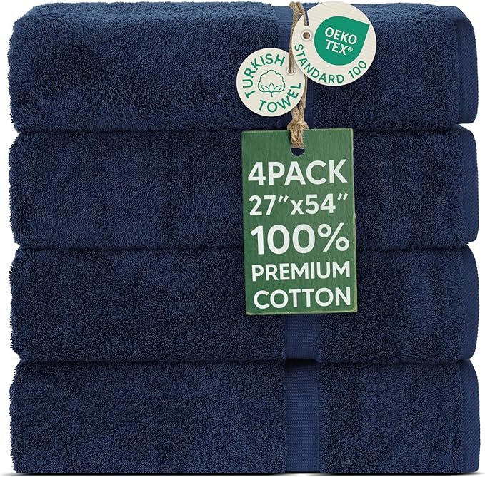 Chakir Turkish Linens | Hotel & Spa Quality 100% Cotton Premium Turkish Towels | Soft & Absorbent (4-Piece Bath Towels, Navy)