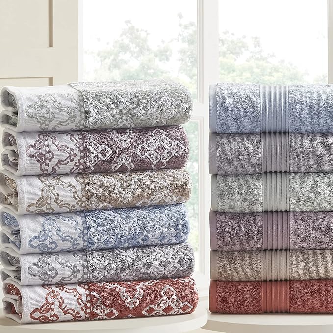 Modern Threads Charlize 6-Piece 100% Cotton Towel Set – Reversible Yarn Dyed Jacquard & Solid – Includes 2 Bath Towels, 2 Hand Towels, 2 Washcloths – Absorbent, Quick Dry, Soft & Durable – Fawn