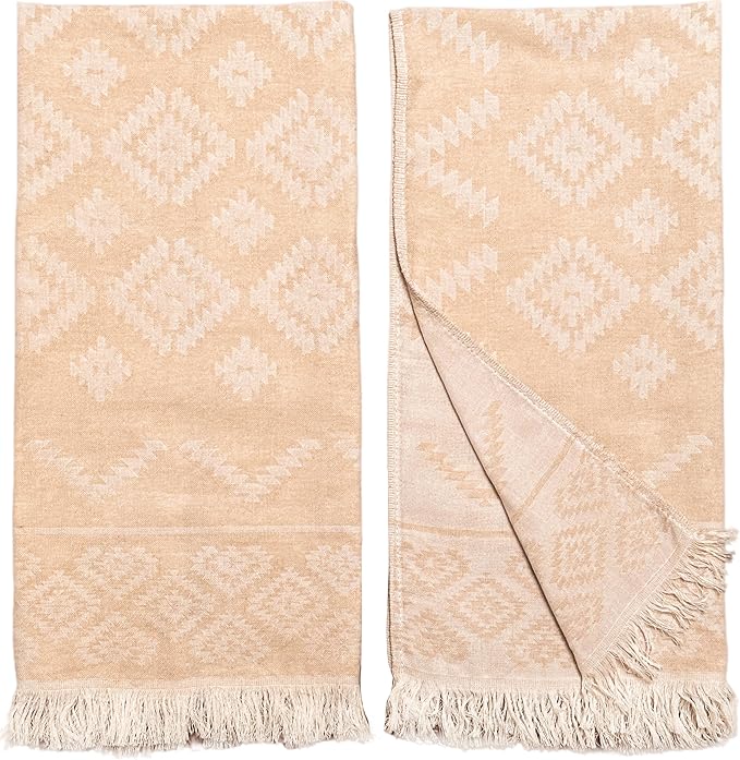 RAY SILVER Aztec Turkish Hand Towels Set of 2 100% Cotton Peshtemal Soft Feel 18 x 36 Light Weight Travel Camping Bath Sauna Beach Gym Pool Blanket Quick Dry Oversized Towel (Nude, Hand Towel)