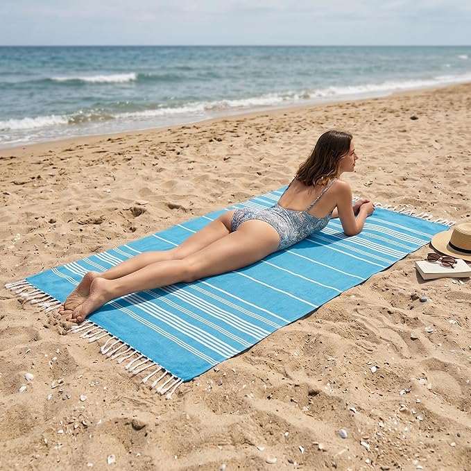 EPHESUS TOWELS Turkish Beach Towel - 38x70 inch Oversized - Sultan Design - Turkish Towel for Beach, Bath, Pool, Gym, Yoga - Prewashed, Lightweight, Quick Dry (Aqua Turquoise)