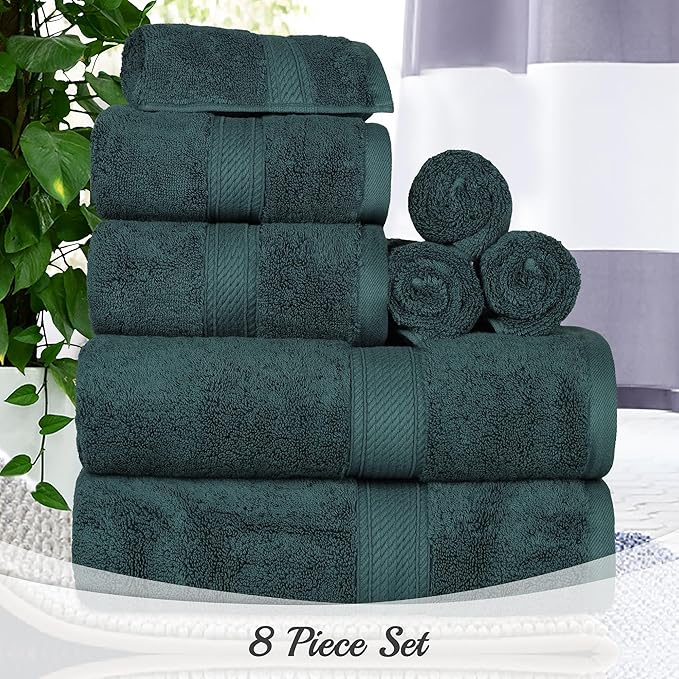 SUPERIOR Egyptian Cotton Pile 8 Piece Towel Set, Includes 2 Bath, 2 Hand, 4 Face Towels/Washcloths, Ultra Soft Luxury Towels, Thick Plush Essentials, Guest Bath, Spa, Hotel Bathroom, Teal