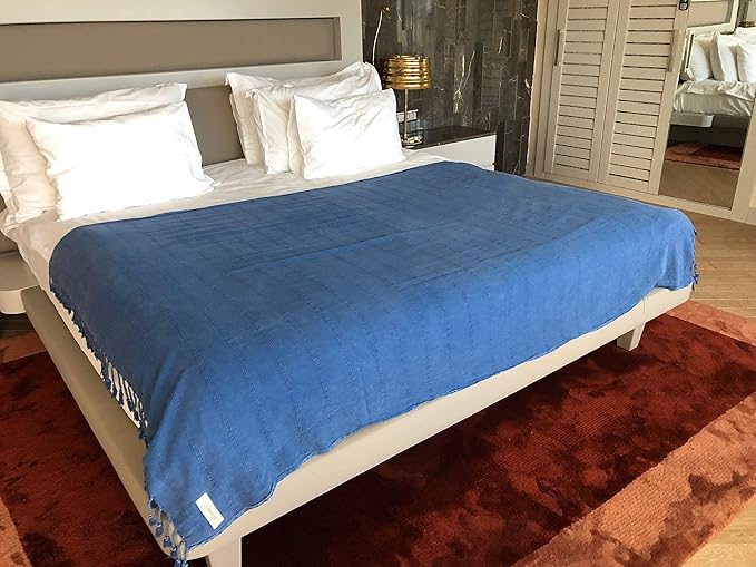 Bersuse 100% Cotton Troy XL Throw Blanket for Couch - 100% Cotton Lightweight Durable Throw Blanket, Big Blanket for Sensitive Skin, Decorative and Versatile - 59x81 Inches, Blue
