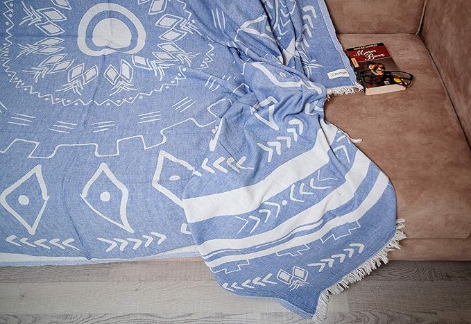 Bersuse 100% Cotton Kona XL Throw Blanket Turkish Towel Beach Blanket - Beach Camping Essentials - 75x90 Inches, Grey Blue