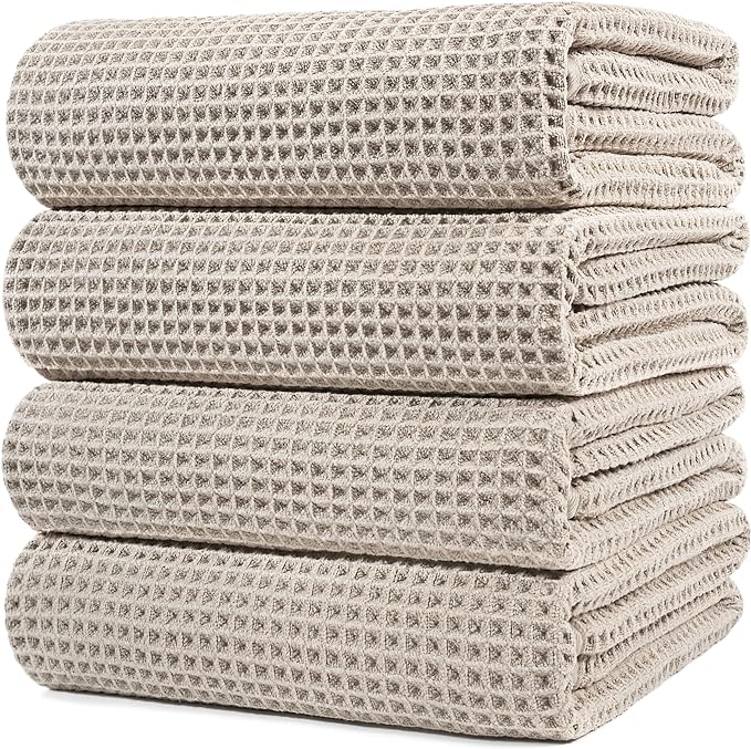 POLYTE 430 GSM Microfiber Oversize Quick Dry Lint Free Bath Towel, 60 x 30 in, 4 Pack (Waffle Weave)