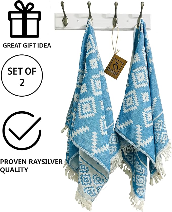 RAY SILVER Aztec Turkish Hand Towels Set of 2 100% Cotton Peshtemal Soft Feel 18 x 36 Light Weight Travel Camping Bath Sauna Beach Gym Pool Blanket Quick Dry Oversized Towel (Blue, Hand Towel)