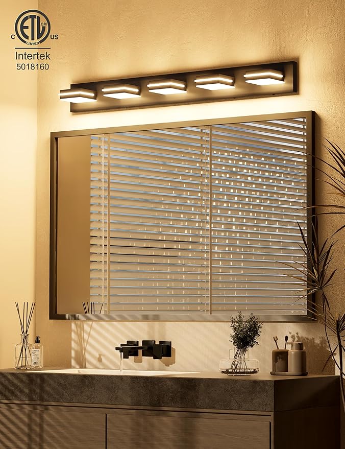 VOLISUN Modern 5-Light, 40-Inch Black Bathroom Vanity Light Fixtures Over Mirror, 5CCT Dimmable, Energy Efficient, ETL Certificated