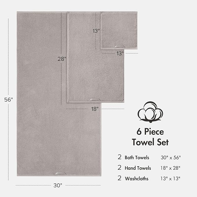 Madison Park Bathroom Towel Set of 6 Diagonal Ribbed, Grey 100% Cotton Quick Dry & Absorbent| 2 Bath 30" x 56"| 2 Hand 18" x 28"| 2 Washcloths 13" x 13"| Zero Twist, 500 GSM, Oeko-TEX