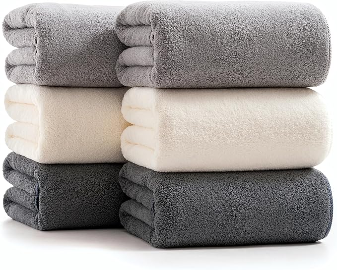 sakano 6-Piece Colorful Microfiber Bath Towel Set - Fast-Drying, Super Absorbent & Non Shedding Towels for Family, Gym, Spa and Salon -White+Light Gray+Dark Gray, 28x56 Inches