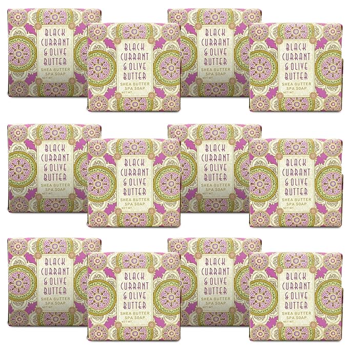Greenwich Bay Mini Botanical Soap Bars 12 Pack 1.9 oz Each Individually Wrapped Guest Soaps for Airbnb, Spa, Travel, Bath Travel Size Bar Soap Set, Black Currant & Olive Butter