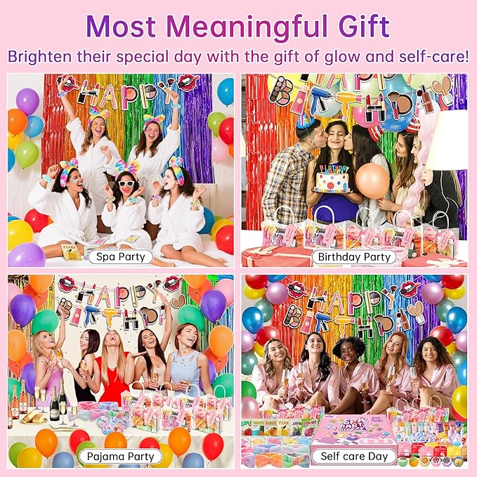 159Pcs Spa Birthday Party Decorations Kit-12 Spa Kits (Face/Lip/Eye/Hand/Foot Care) + Birthday Essentials (Banner,Balloons,Curtains)–Ideal for Birthdays,Sleepovers,Slumber Parties & Relaxation
