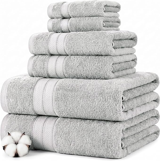 Modern Threads - Spun Loft 6-Piece 100% Combed Cotton Towel Set - Bath Towels, Hand Towels, & Washcloths - Super Absorbent & Quick Dry - 600 GSM - Soft & Plush, Gray