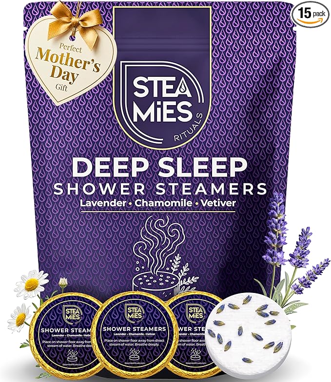 STEAMIES Shower Steamers Aromatherapy Deep Sleep 15 Pack – Premium Lavender Essential Oils Tablets with Chamomile & Vetiver, Relaxation & Stress Relief – Mothers Day Gifts for Mom, Gifts for Women