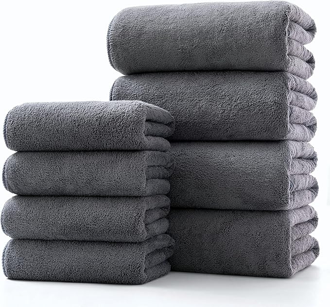 Lumimi Towel Set of 8 Very Soft Microfiber 4 Bath and 4 Hand Towels Quick Dry Light Weight for Bathroom Gym Salon, 8 Pack Dark Grey