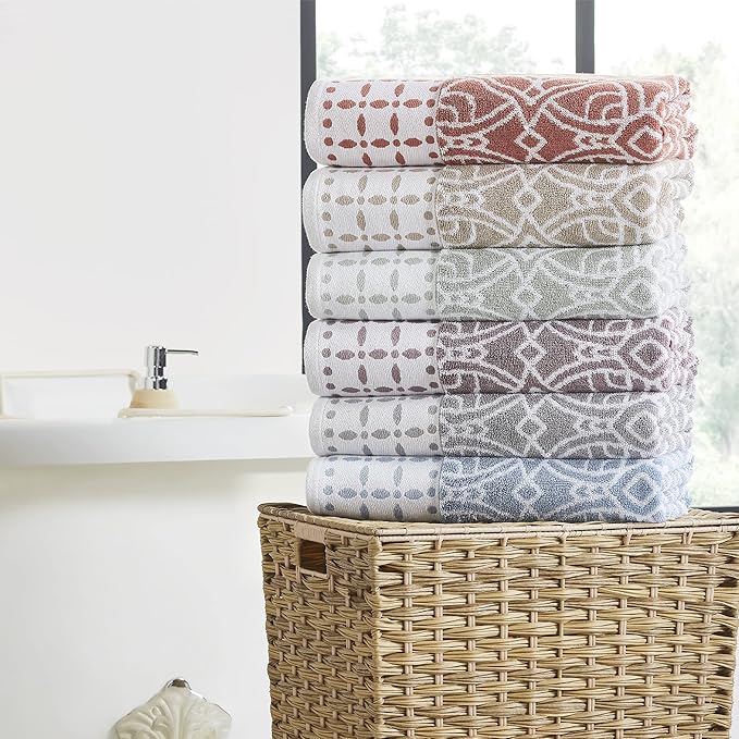 Modern Threads Monroe 6-Piece 100% Cotton Towel Set – Reversible Yarn Dyed Jacquard & Solid – Includes 2 Bath Towels, 2 Hand Towels, 2 Washcloths – Absorbent, Quick Dry, Soft & Durable – Dark Sage